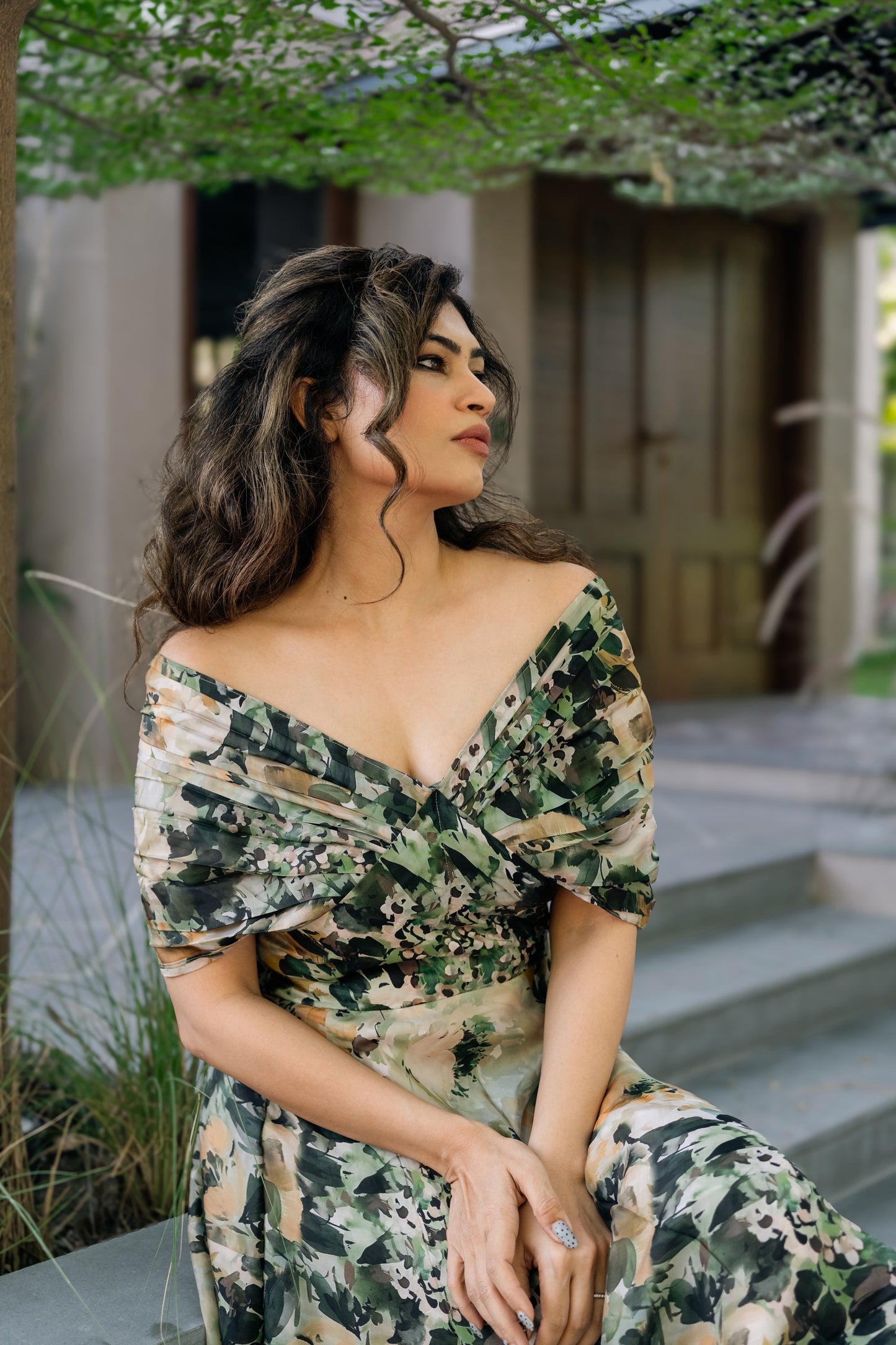 Printed Off Shoulder Midi Dress