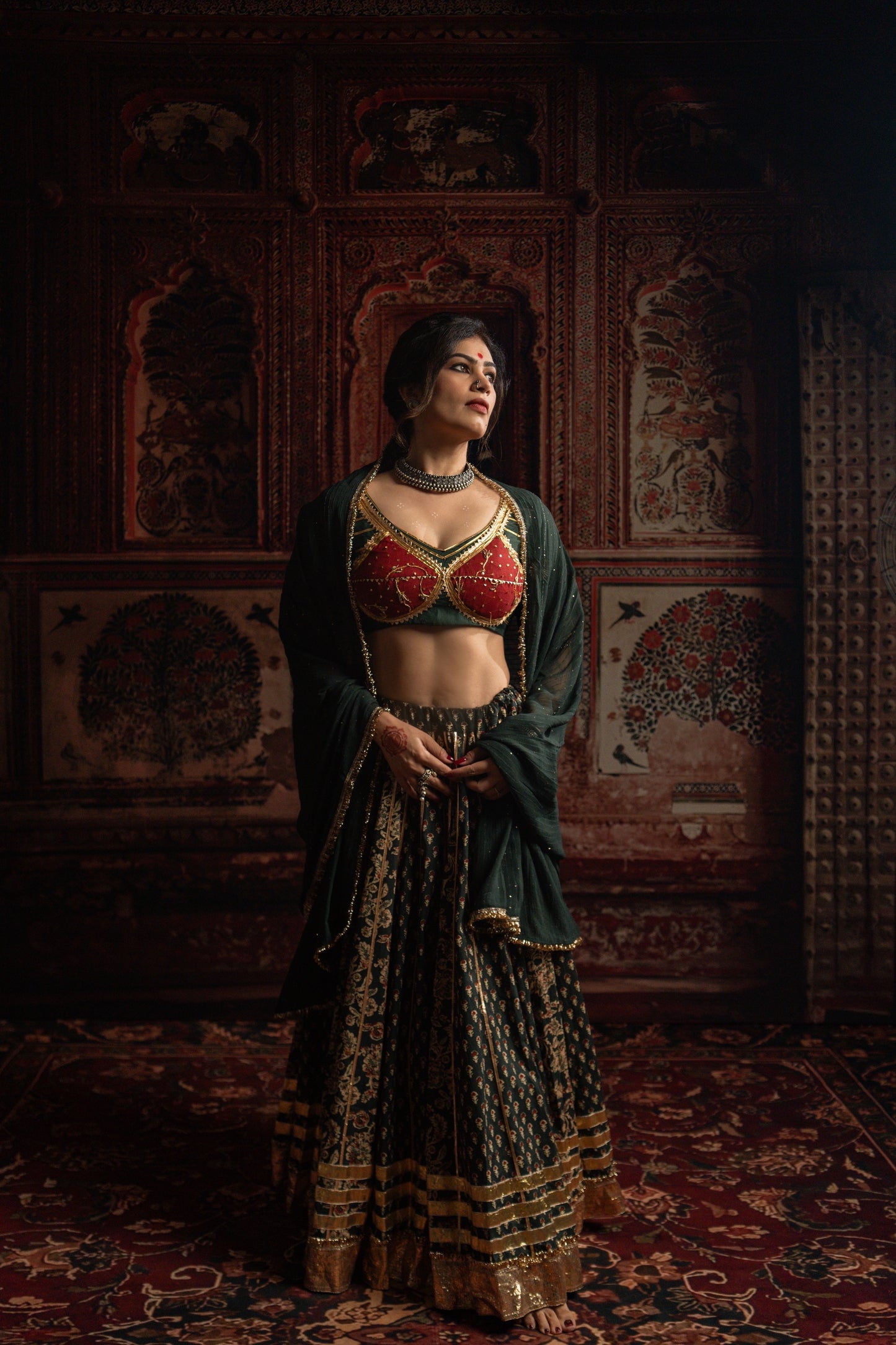 Bottle Green Gamthi Chaniya Choli Set