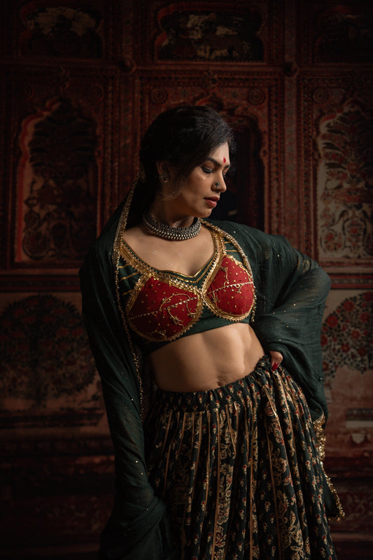 Bottle Green Gamthi Chaniya Choli Set