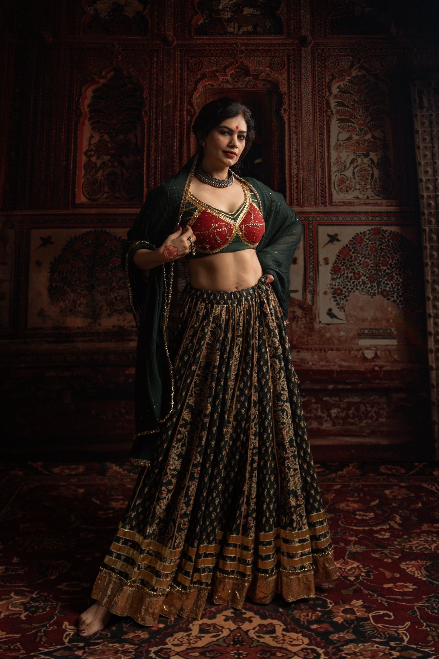 Bottle Green Gamthi Chaniya Choli Set