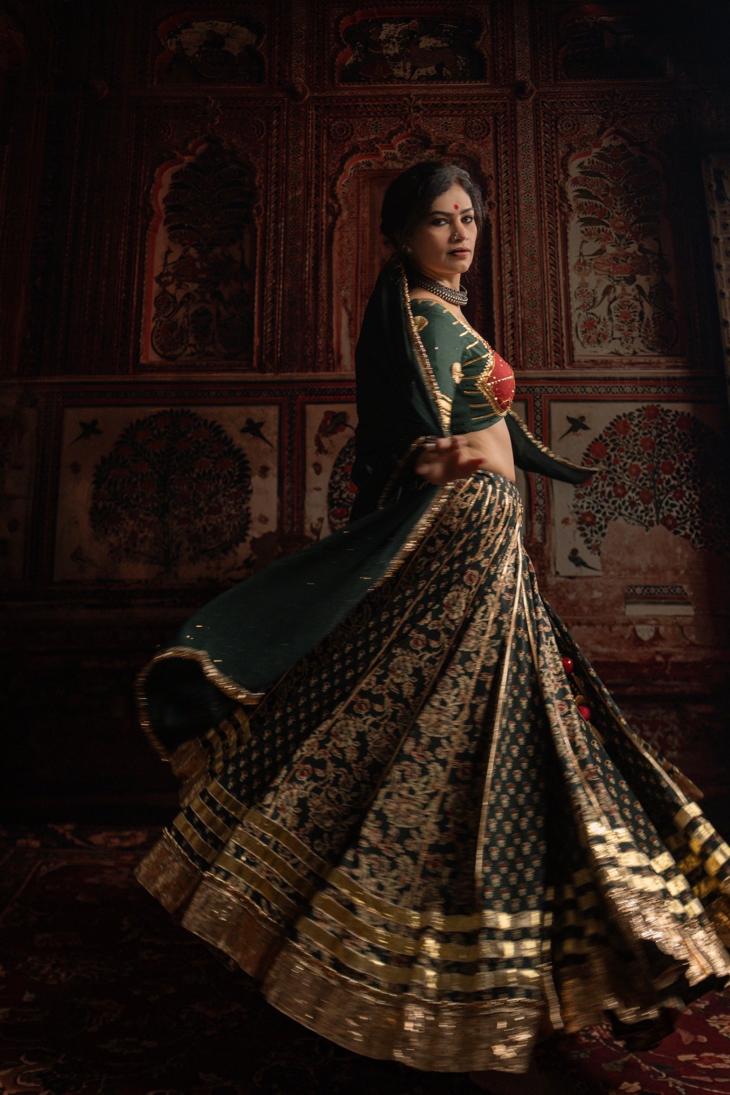 Bottle Green Gamthi Chaniya Choli Set