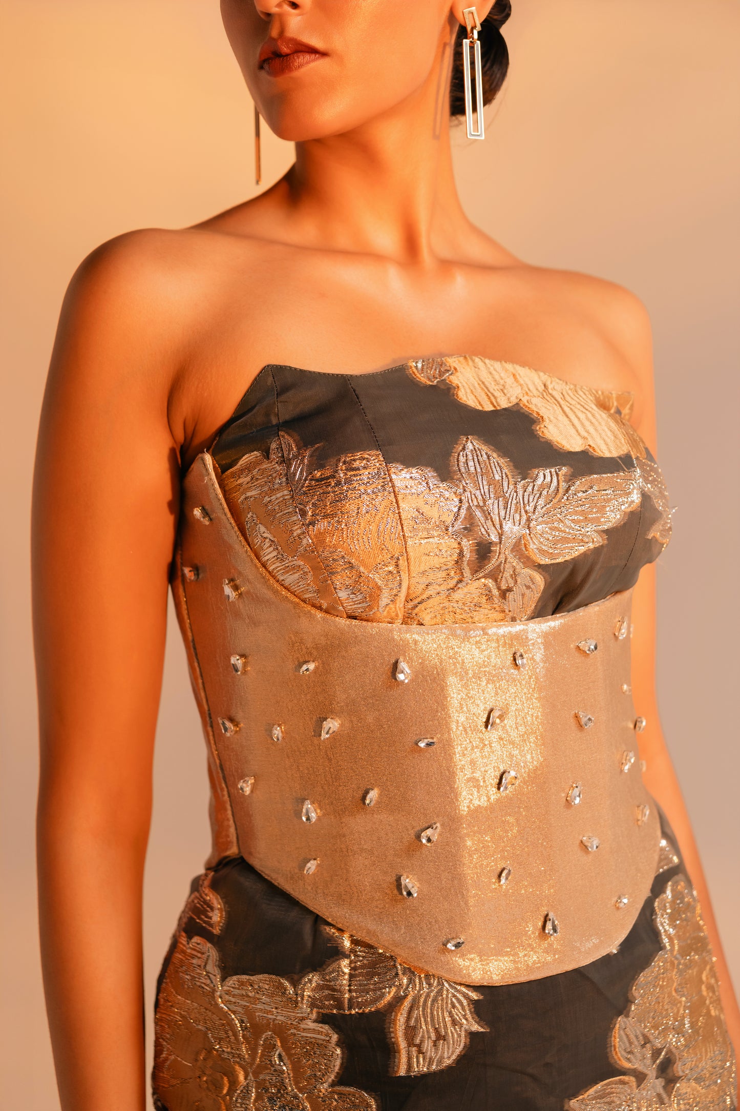 Golden Jaquard Dress with Corset Belt