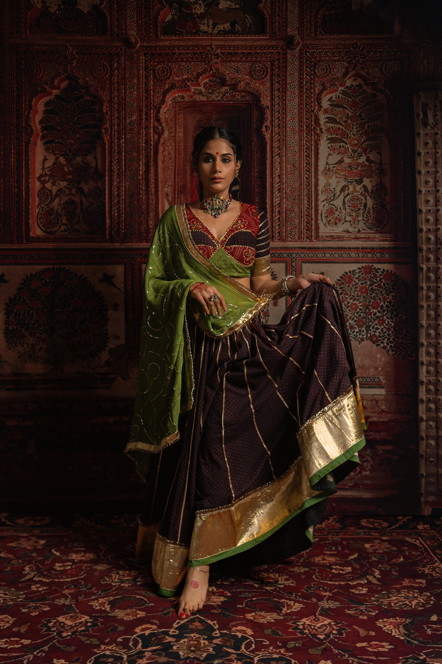 Gamthi Black green chaniya choli set