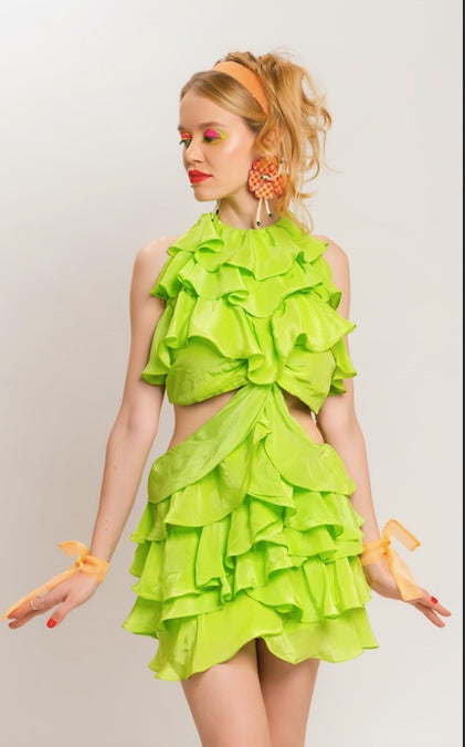 Neon green ruffled dress