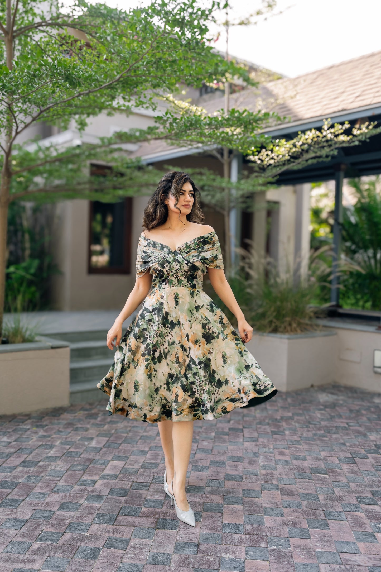 Printed Off Shoulder Midi Dress