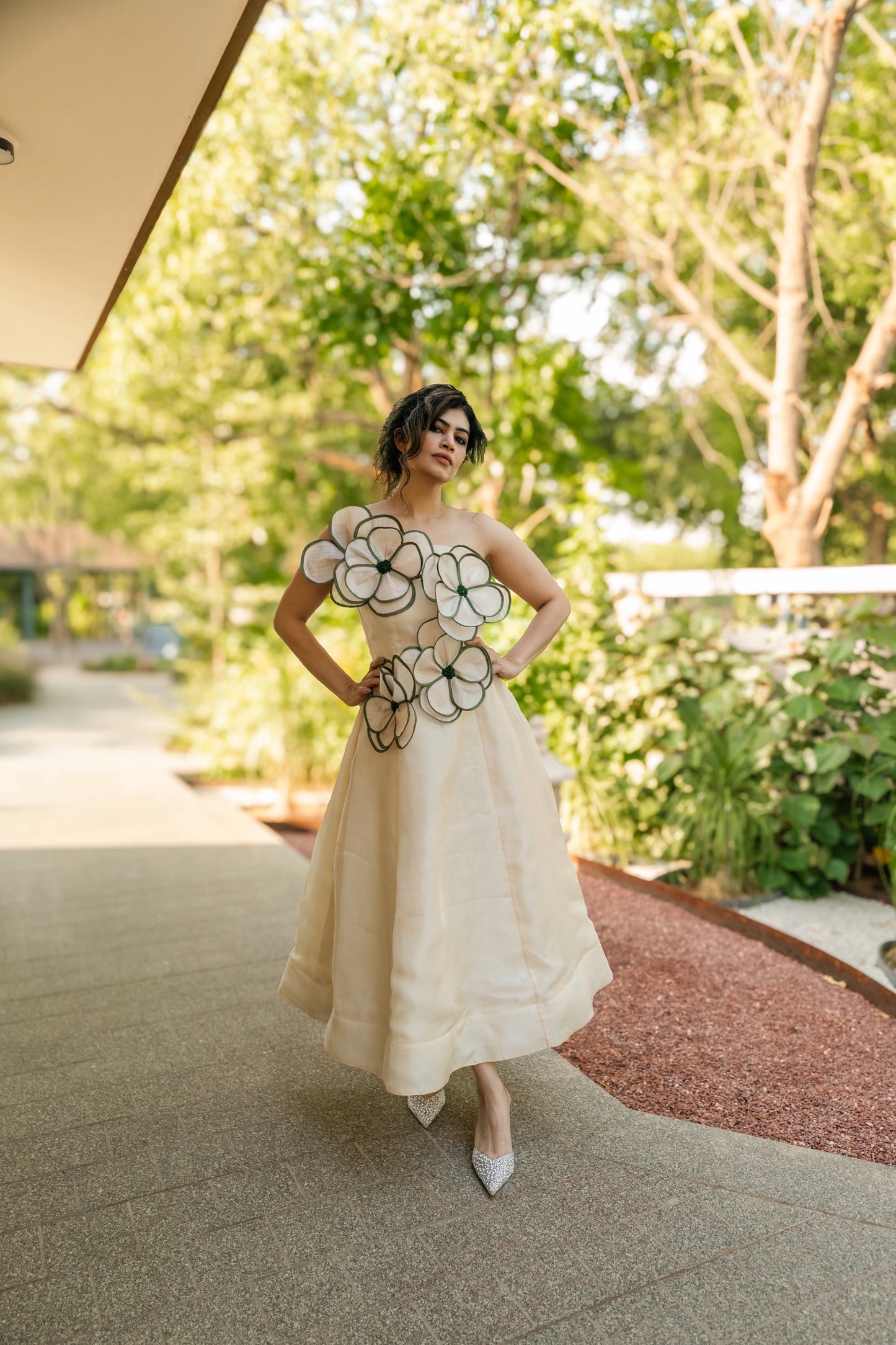 3D Olive Beige Organza Midi Dress