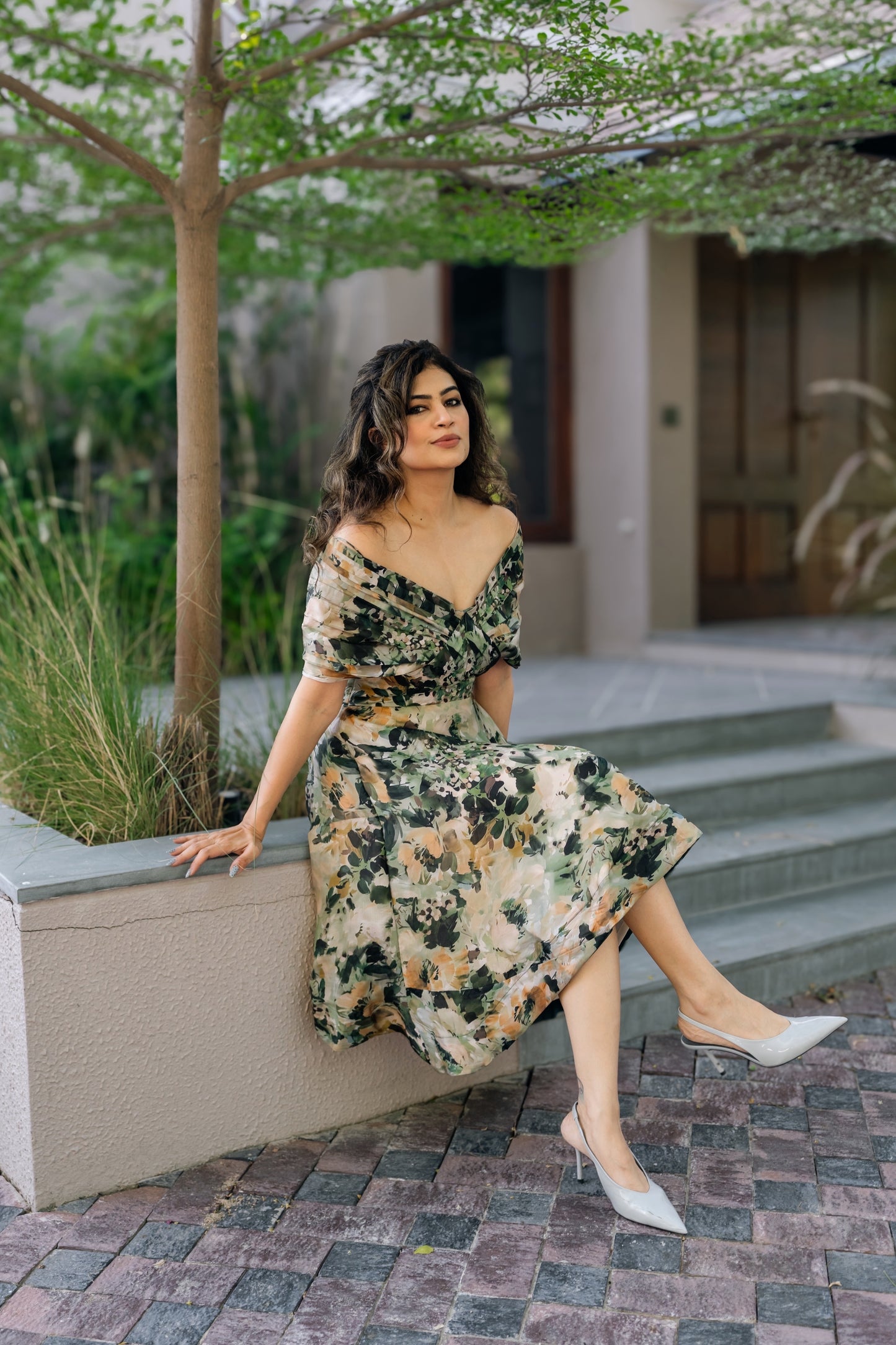 Printed Off Shoulder Midi Dress