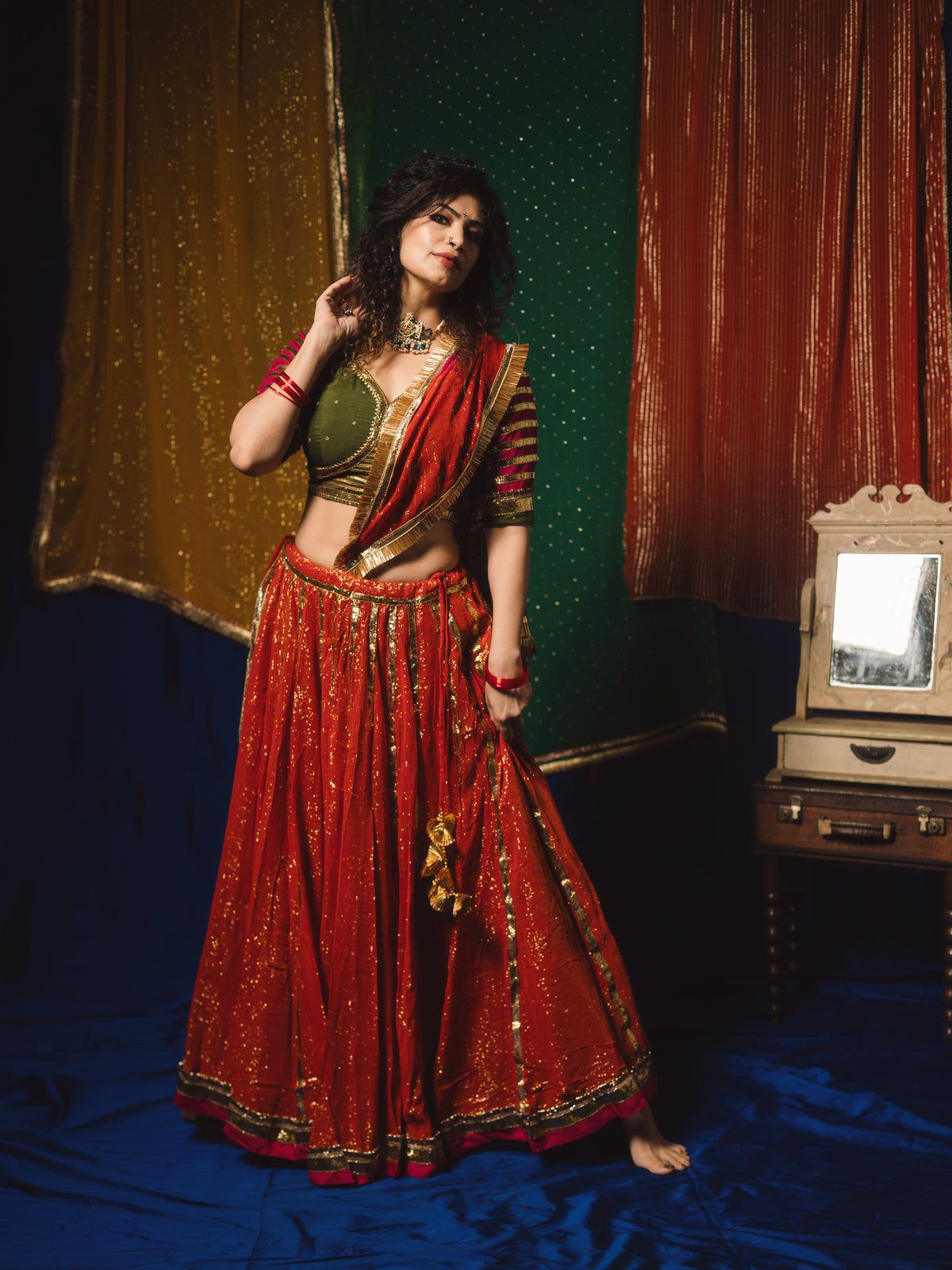 Shimmer rust olive Chaniya choli set