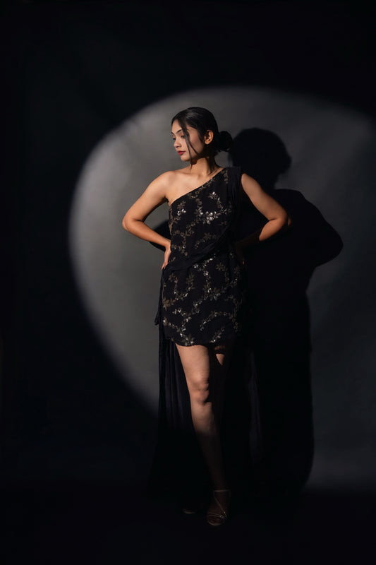 Black Sequins Drapped Dress