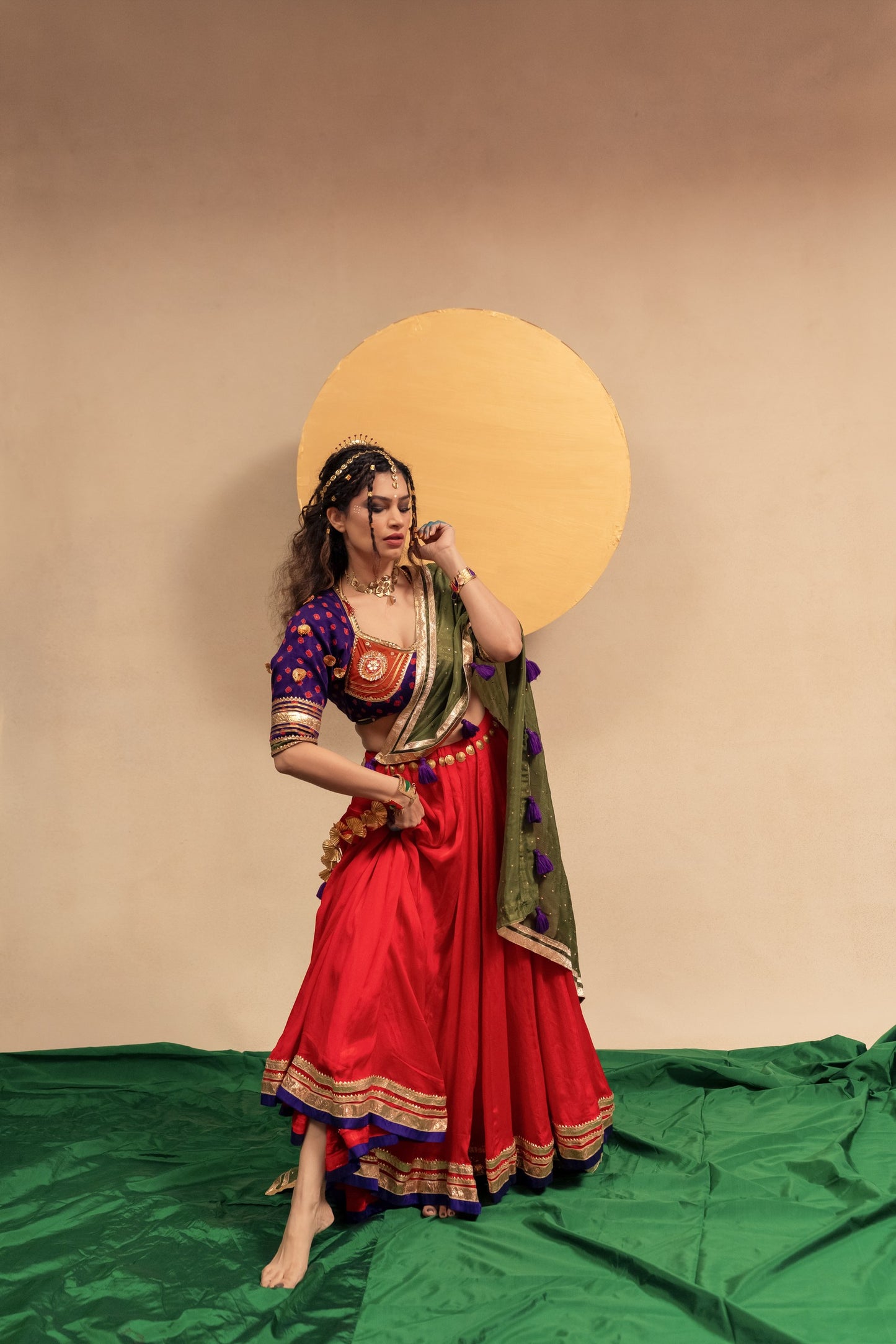 Red purple olive green Chaniya choli set