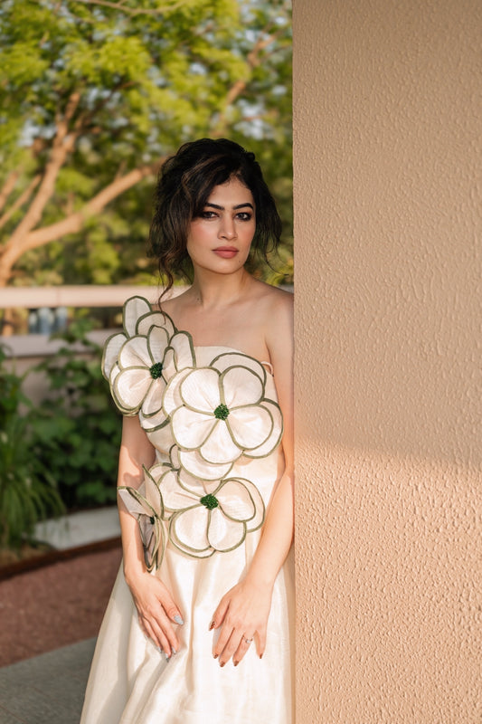 3D Olive Beige Organza Midi Dress