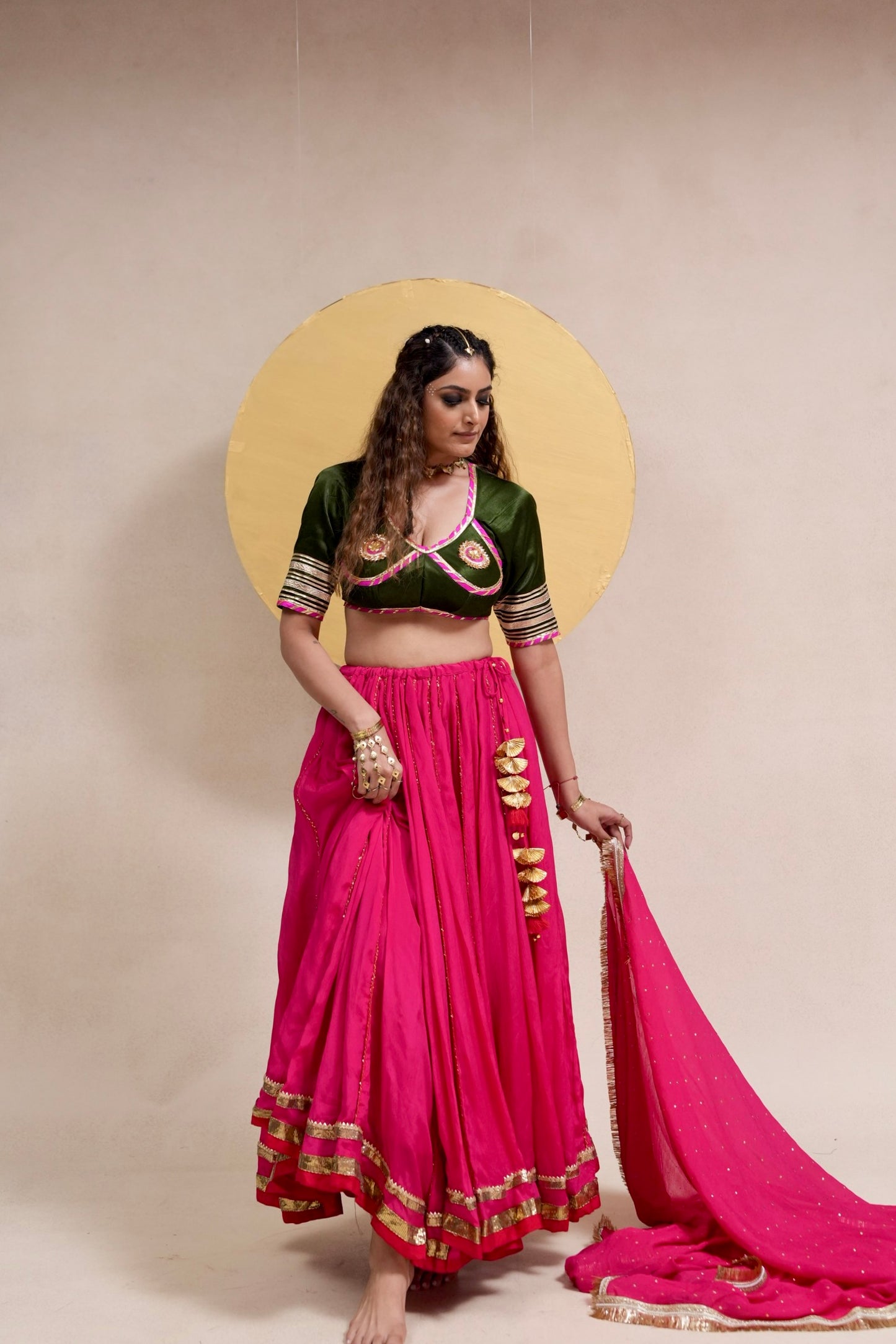 Aangi olive green pink Chaniya choli set