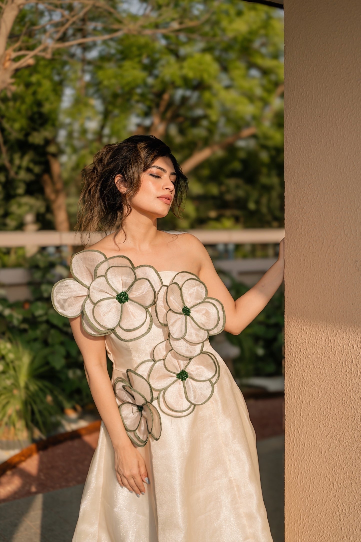 3D Olive Beige Organza Midi Dress