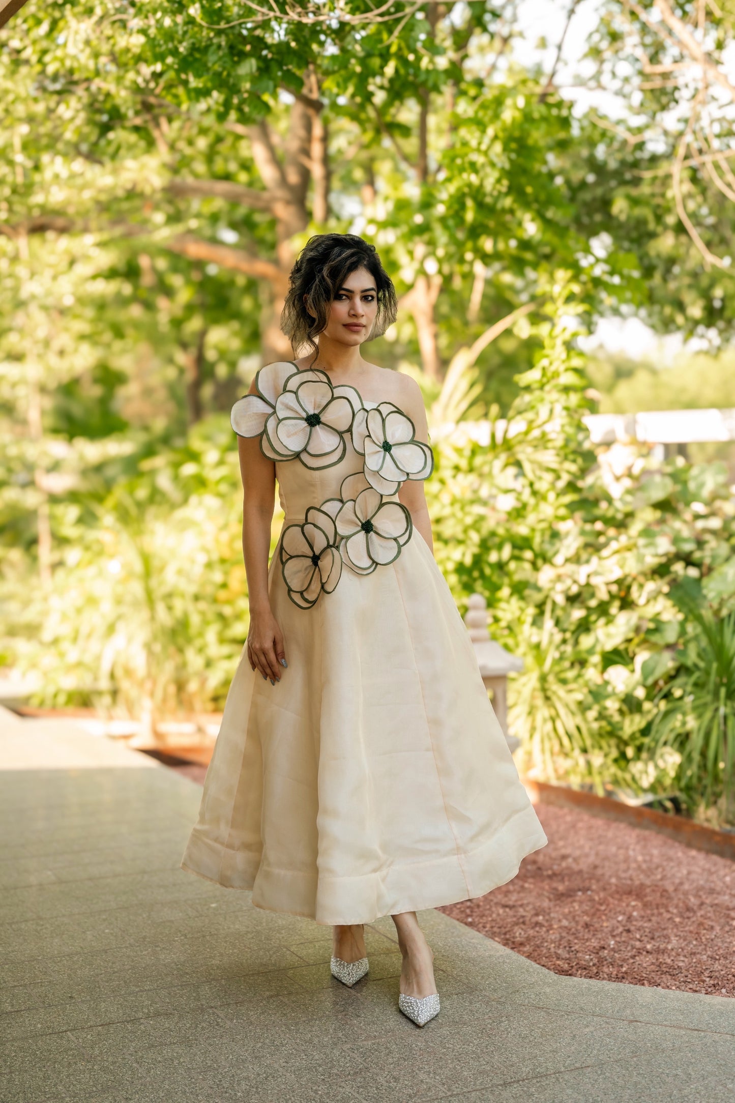 3D Olive Beige Organza Midi Dress