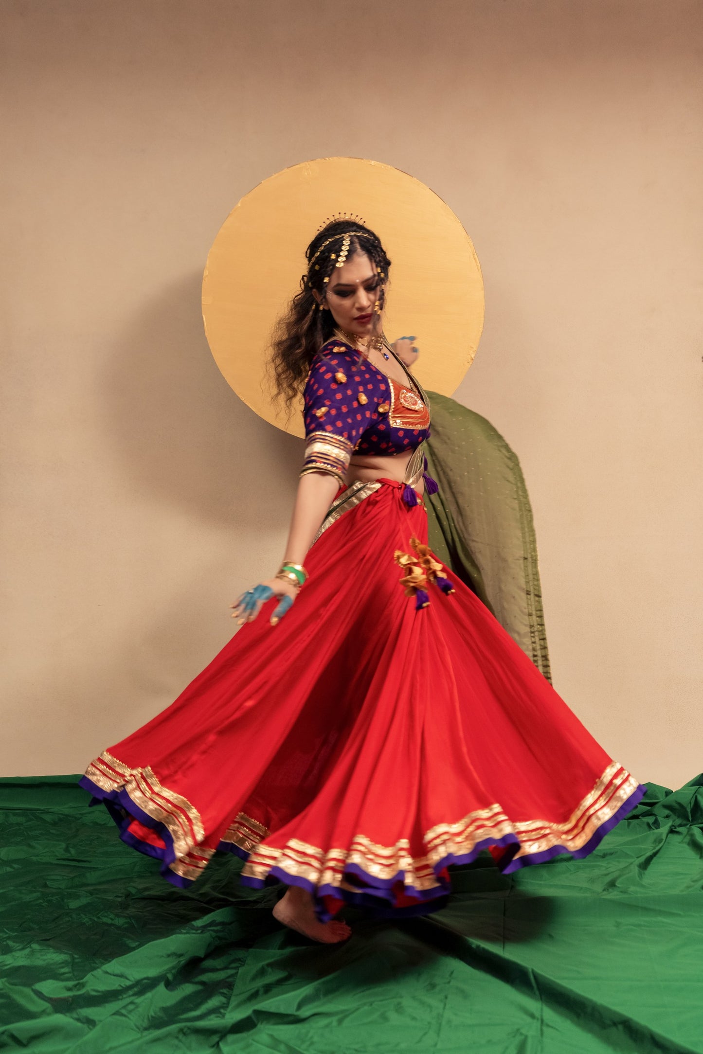 Red purple olive green Chaniya choli set