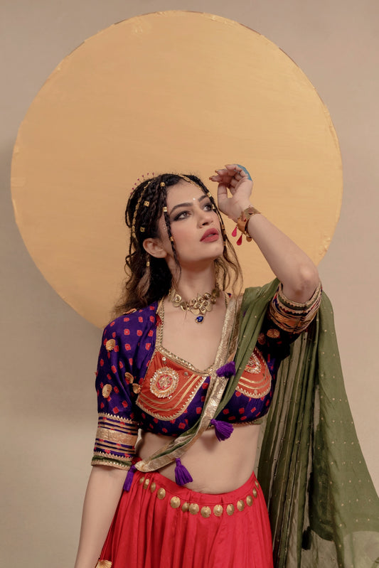 Red purple olive green Chaniya choli set