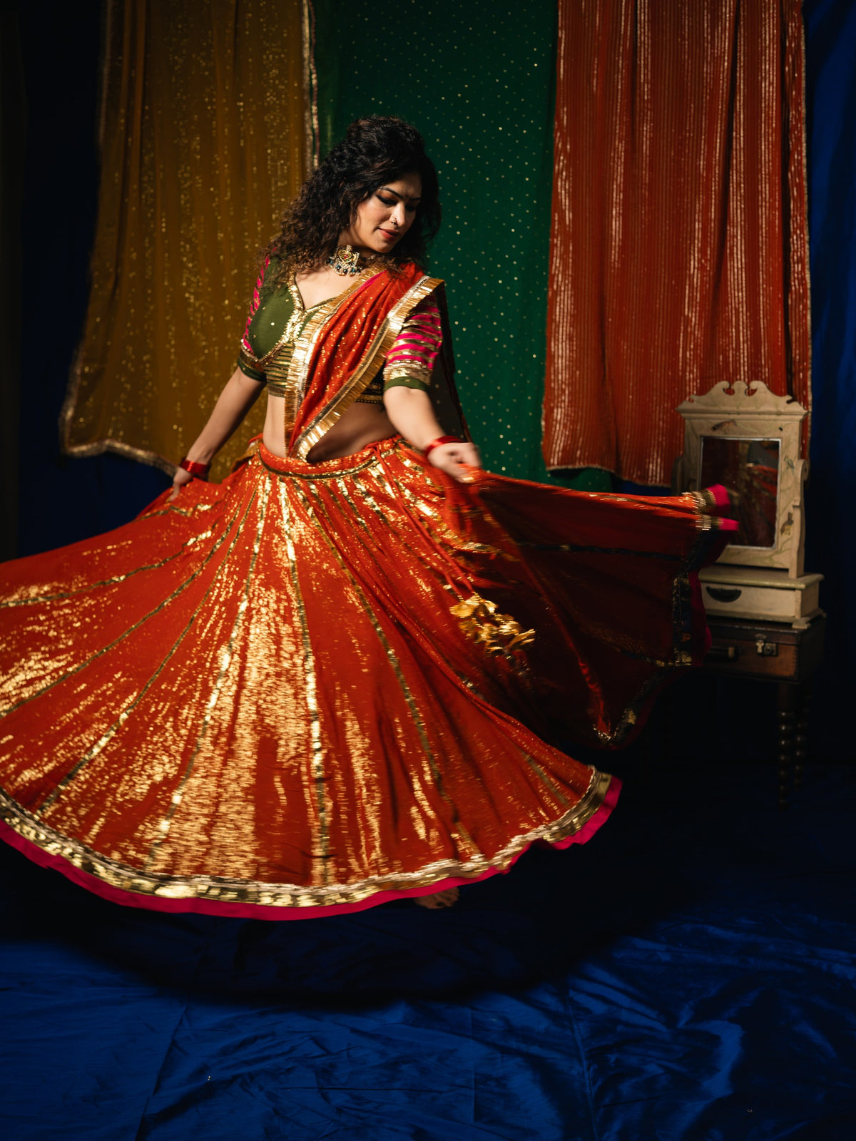 Shimmer rust olive Chaniya choli set