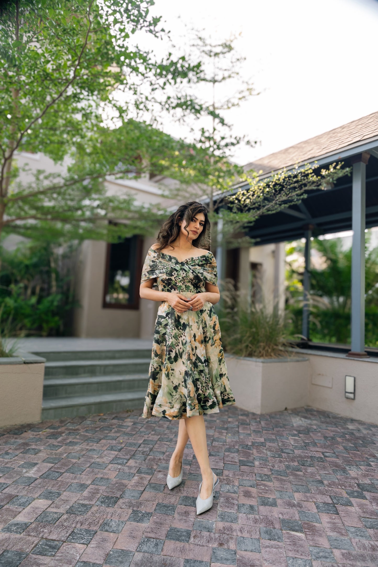 Printed Off Shoulder Midi Dress