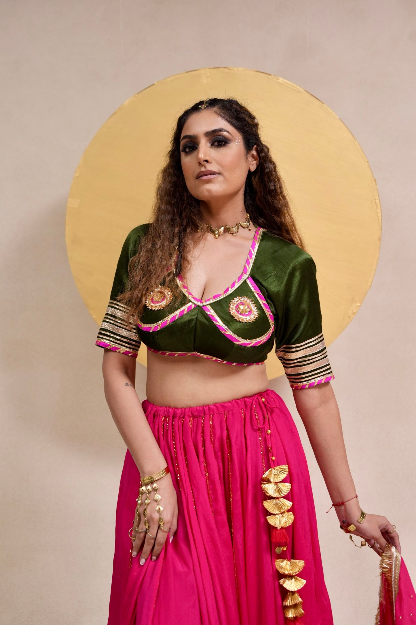 Aangi olive green pink Chaniya choli set