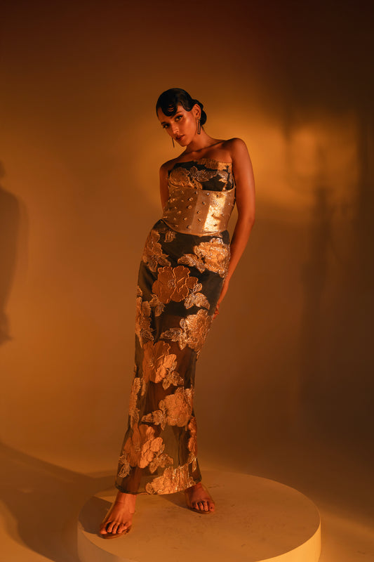 Golden Jaquard Dress with Corset Belt