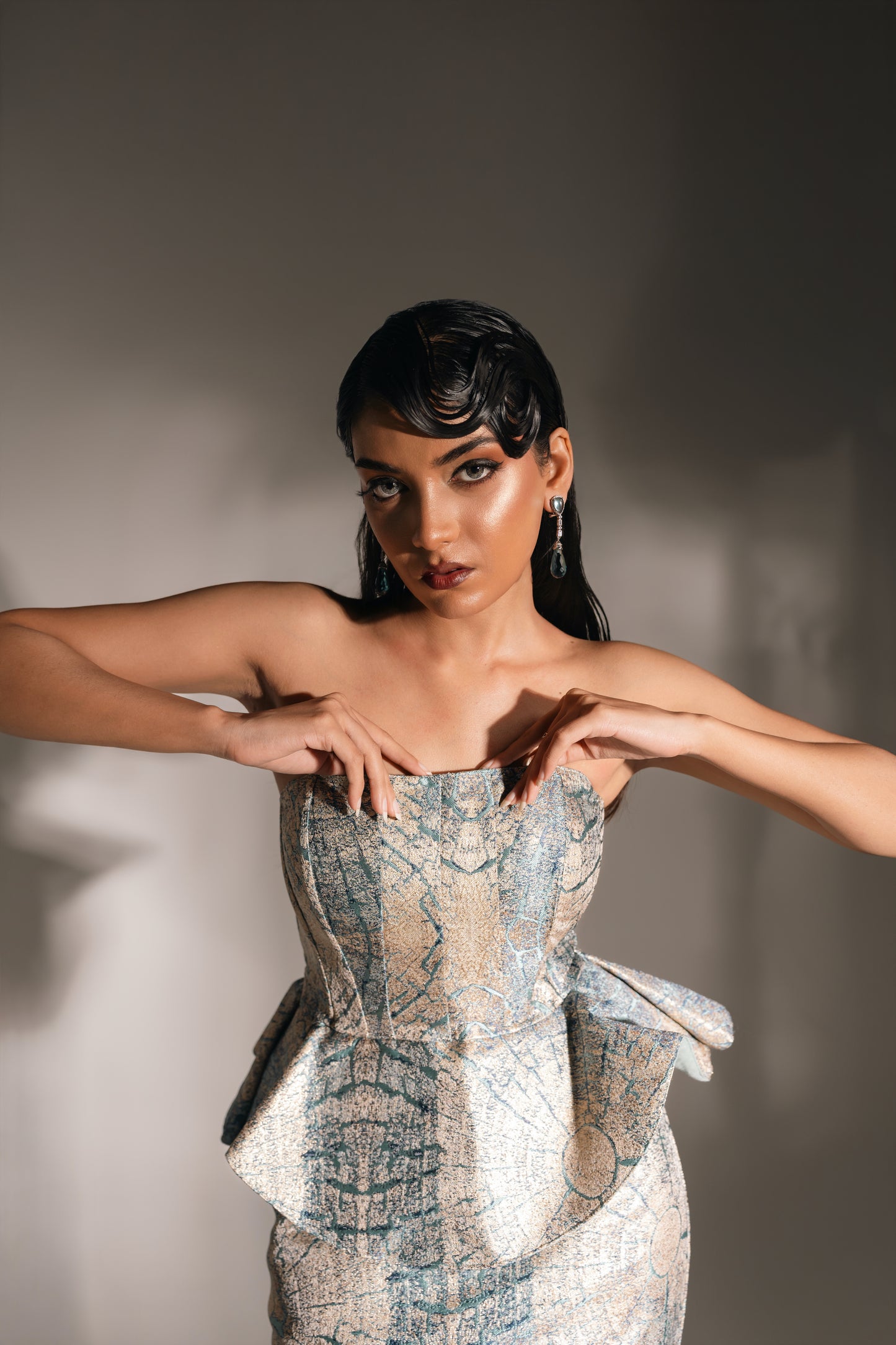 Blue Jaquard Corset Set